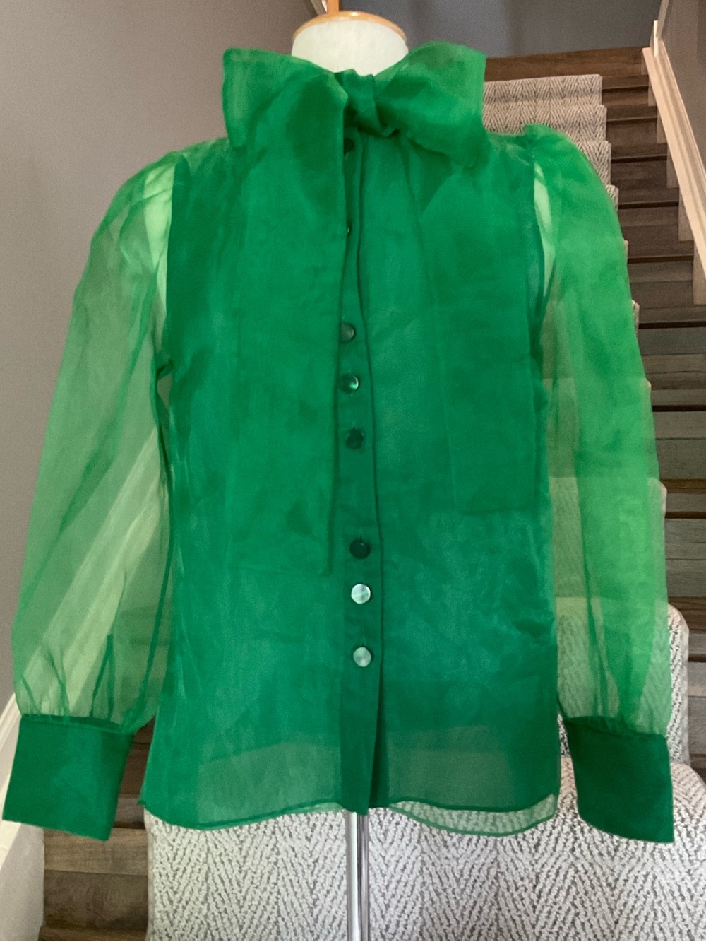 Zara Emerald Green Sheer Bow Blouse